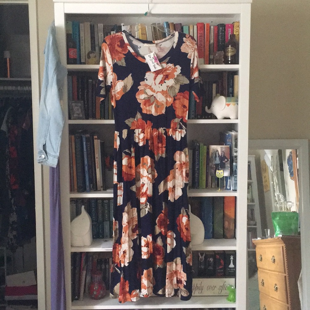 Navy blue/orange floral midi dress